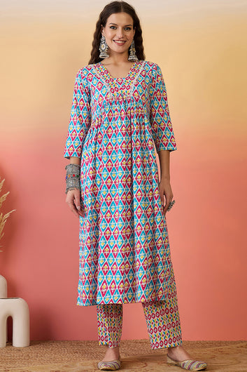 Womens Multi Color Cotton Printed Kurta Pant With Dupatta Set