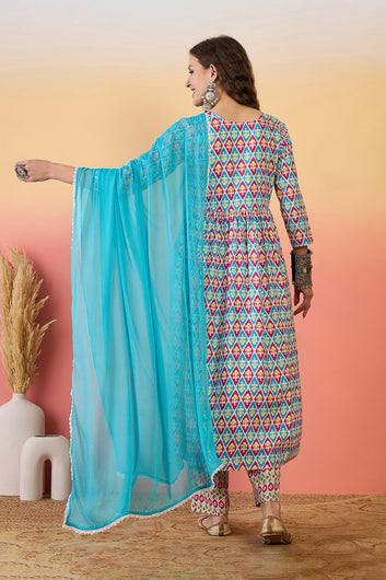 Womens Multi Color Cotton Printed Kurta Pant With Dupatta Set