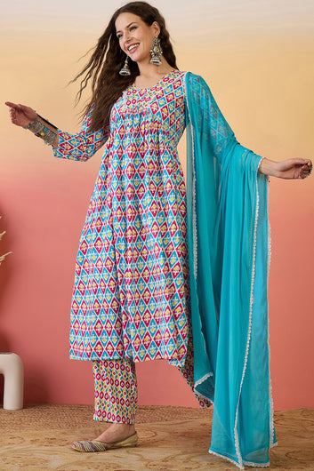 Womens Multi Color Cotton Printed Kurta Pant With Dupatta Set