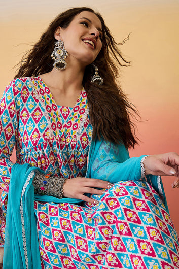 Womens Multi Color Cotton Printed Kurta Pant With Dupatta Set