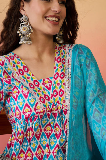 Womens Multi Color Cotton Printed Kurta Pant With Dupatta Set