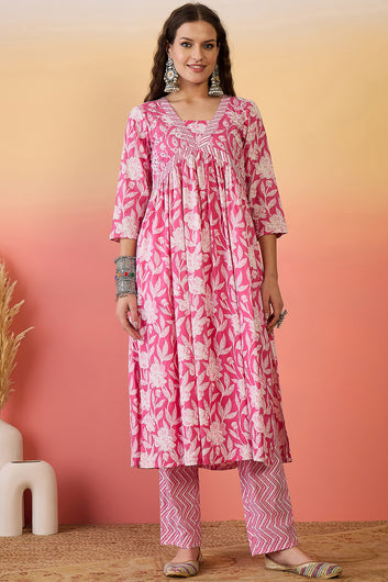 Women’s Pink Cotton Printed Kurta Pant With Dupatta Set