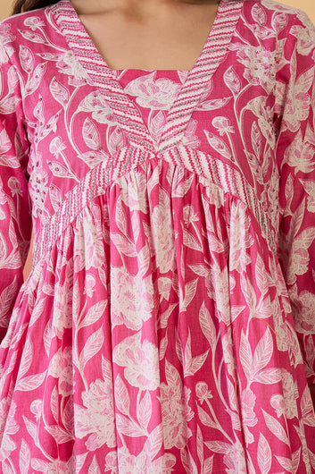 Women’s Pink Cotton Printed Kurta Pant With Dupatta Set