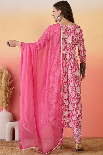 Women’s Pink Cotton Printed Kurta Pant With Dupatta Set