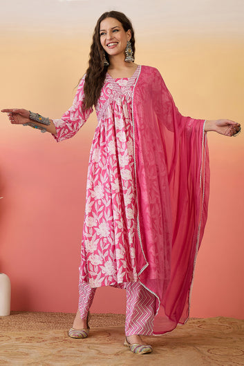 Women’s Pink Cotton Printed Kurta Pant With Dupatta Set