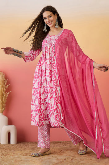 Women’s Pink Cotton Printed Kurta Pant With Dupatta Set