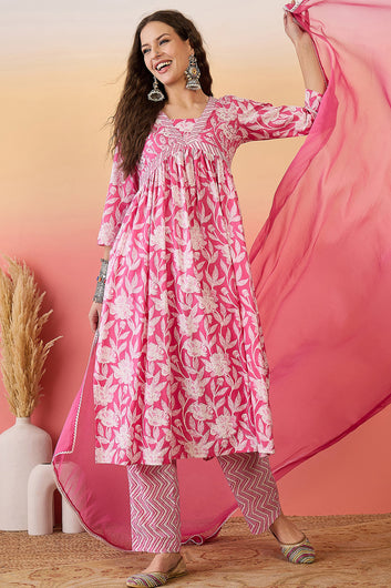 Women’s Pink Cotton Printed Kurta Pant With Dupatta Set