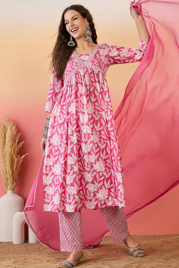 Women’s Pink Cotton Printed Kurta Pant With Dupatta Set