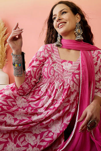 Women’s Pink Cotton Printed Kurta Pant With Dupatta Set