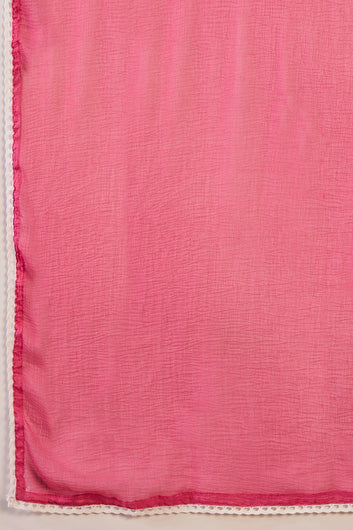 Women’s Pink Cotton Printed Kurta Pant With Dupatta Set