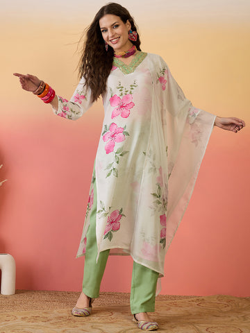 Womens Off White Cotton Blend Floral Printed Ankle Length Straight Kurta And Pant With Dupatta Set