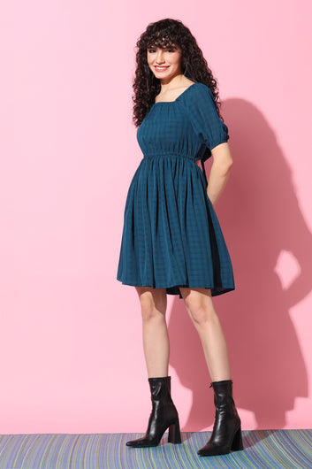Women's Teal Blue Checked Back Tie-up Dress