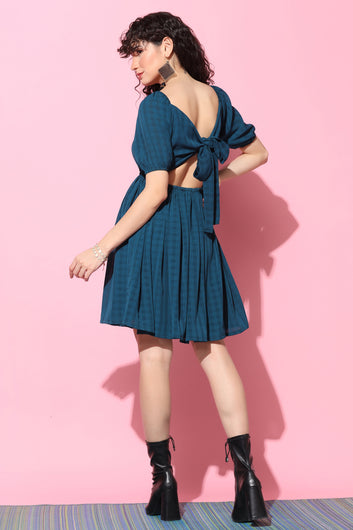 Women's Teal Blue Checked Back Tie-up Dress