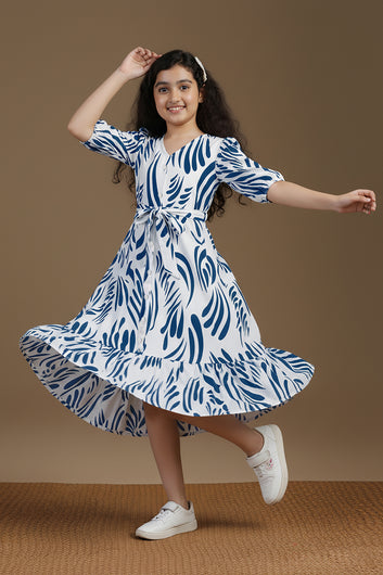 Girl's Blue Rayon Printed Midi Dress
