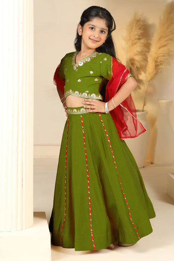 Girls Mehndi Roman Silk Embroidered Lehenga Choli With Dupatta Set Traditional 3-Piece Festive Outfit for Kids