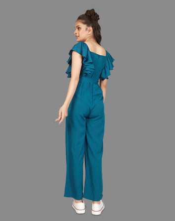 Girl's Front Button Ruffle Pattern Maxi Jumpsuit