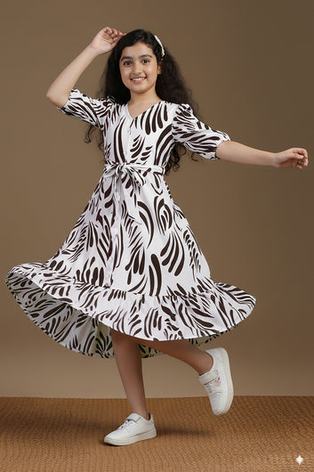 Girl's Coffee Rayon Printed Midi Dress