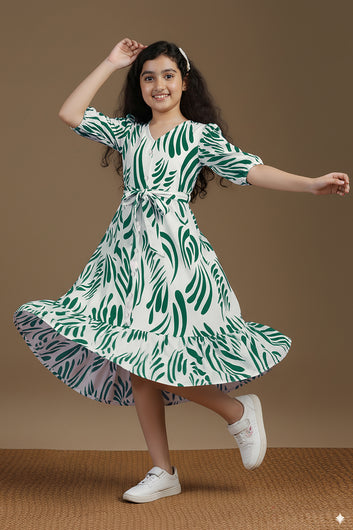 Girl's Green Rayon Printed Midi Dress
