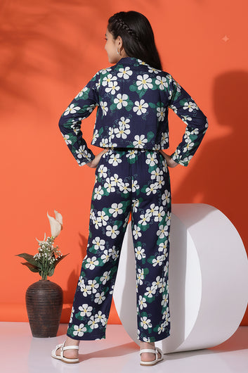 Girls White Cotton Blend Flower Printed Co ords sets Whith Jecket