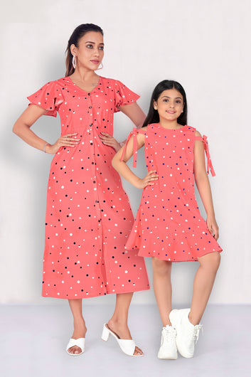 Coral Pink Polka Dot Printed Mother-Daughter Dress Set