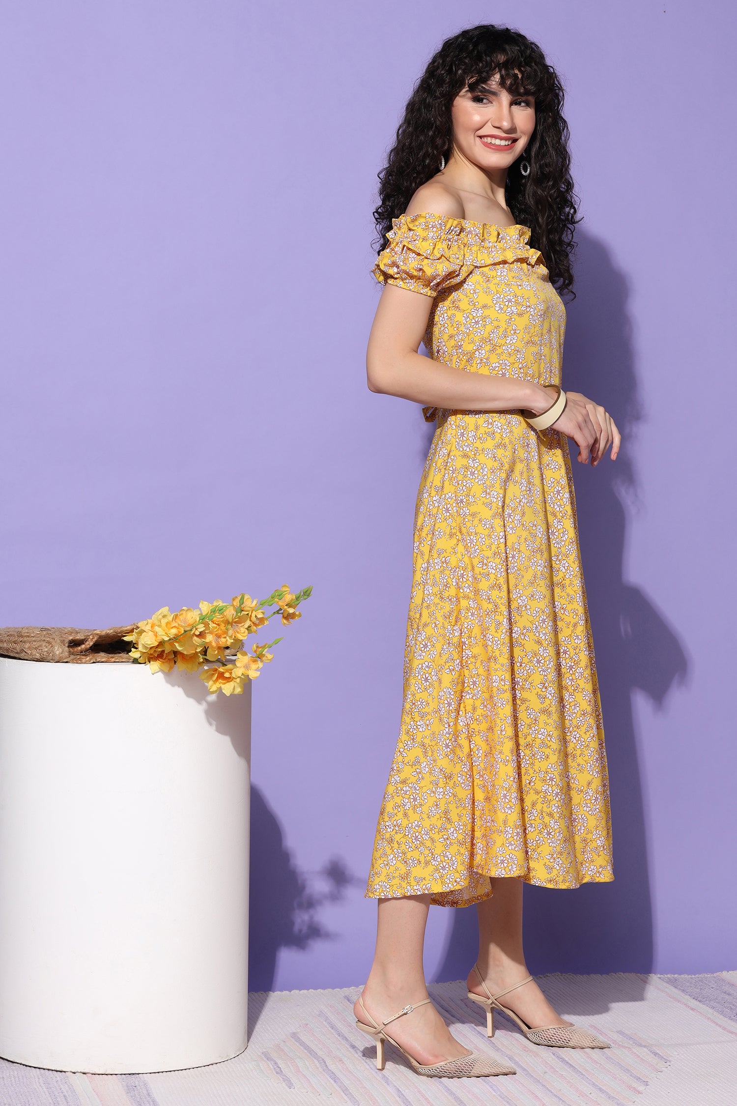 Women's Yellow Floral Printed Off Shoulder Midi Dress – Fashion Dream