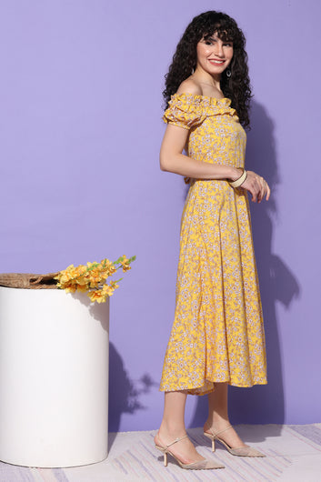 Women's Yellow Floral Printed Off Shoulder Midi Dress
