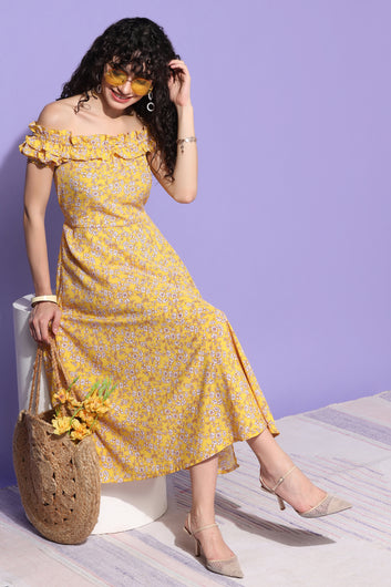 Women's Yellow Floral Printed Off Shoulder Midi Dress