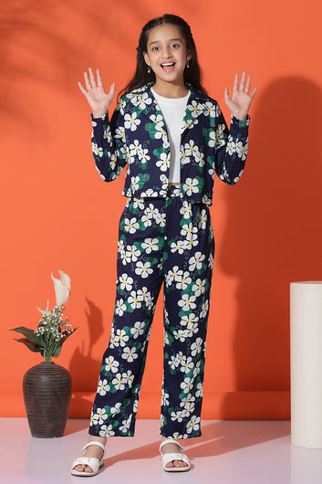 Girls White Cotton Blend Flower Printed Co ords sets Whith Jecket