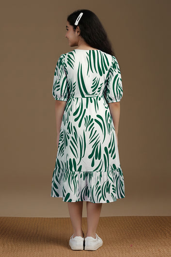 Girl's Green Rayon Printed Midi Dress