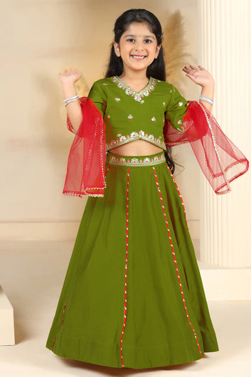 Girls Mehndi Roman Silk Embroidered Lehenga Choli With Dupatta Set Traditional 3-Piece Festive Outfit for Kids