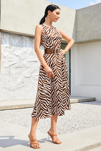 Womens Brown Delta Zebra Printed Calf Length Western Dress