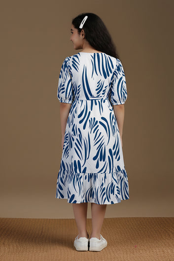 Girl's Blue Rayon Printed Midi Dress