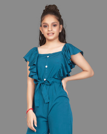 Girl's Front Button Ruffle Pattern Maxi Jumpsuit
