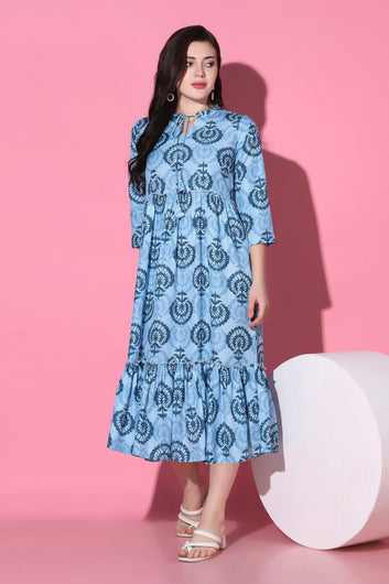 Womens Blue Slub All-Over Printed Calf Length Dress