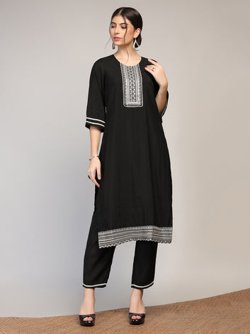 Womens Black Cotton Blend Embroidered Calf Length Kurta And Trouser With Dupatta Set