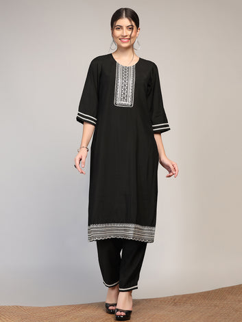 Womens Black Cotton Blend Embroidered Calf Length Kurta And Trouser With Dupatta Set