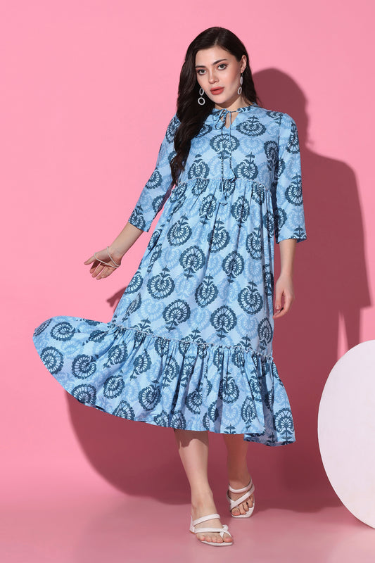 Womens Blue Slub All-Over Printed Calf Length Dress