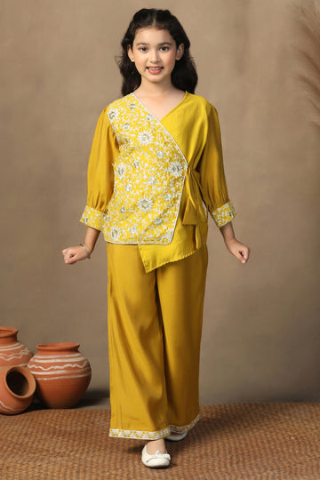 Girl's Chanderi Silk Yellow Embroidered Wrap Style Kurta and Palazzo Set