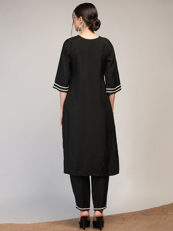 Womens Black Cotton Blend Embroidered Calf Length Kurta And Trouser With Dupatta Set