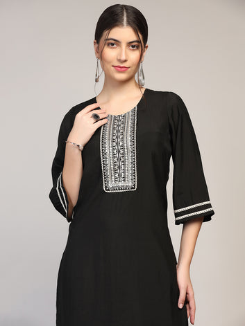 Womens Black Cotton Blend Embroidered Calf Length Kurta And Trouser With Dupatta Set