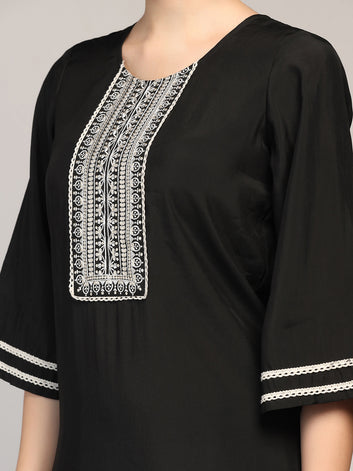 Womens Black Cotton Blend Embroidered Calf Length Kurta And Trouser With Dupatta Set