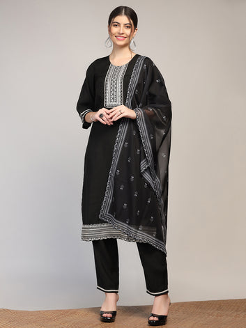 Womens Black Cotton Blend Embroidered Calf Length Kurta And Trouser With Dupatta Set