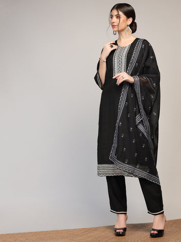 Womens Black Cotton Blend Embroidered Calf Length Kurta And Trouser With Dupatta Set