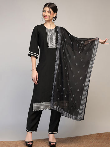 Womens Black Cotton Blend Embroidered Calf Length Kurta And Trouser With Dupatta Set