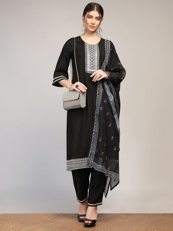 Womens Black Cotton Blend Embroidered Calf Length Kurta And Trouser With Dupatta Set