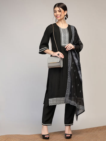 Womens Black Cotton Blend Embroidered Calf Length Kurta And Trouser With Dupatta Set