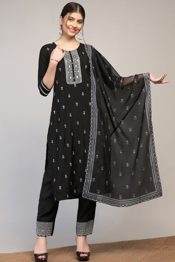 Womens Black Cotton Blend Embroidered Ankle Length Straight Kurta And Trouser With Dupatta Set