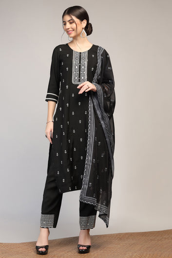 Womens Black Cotton Blend Embroidered Ankle Length Straight Kurta And Trouser With Dupatta Set