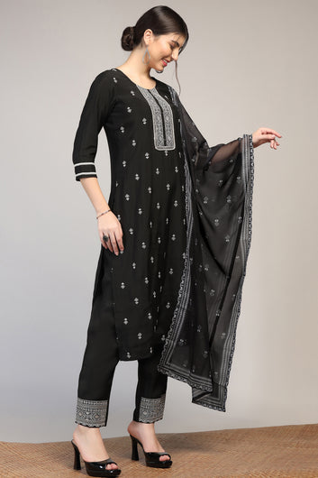 Womens Black Cotton Blend Embroidered Ankle Length Straight Kurta And Trouser With Dupatta Set