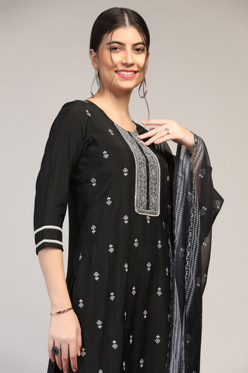 Womens Black Cotton Blend Embroidered Ankle Length Straight Kurta And Trouser With Dupatta Set